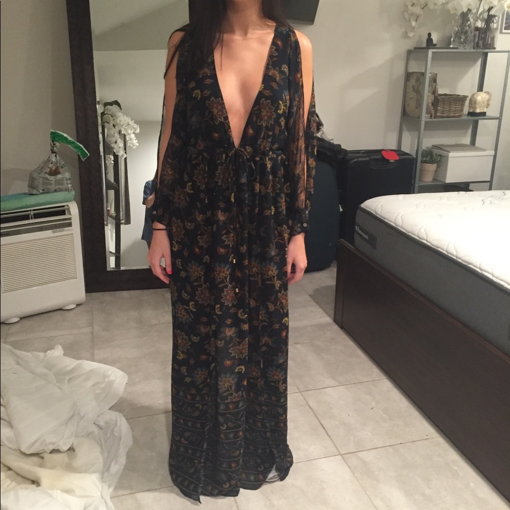 Plunge Neck Black Floral Maxi Dress